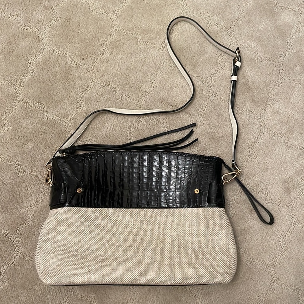 Auth Nancy Gonzalez Cristie Black Croc Leather Linen Convertible Tote w Clutch - Picture 9 of 16